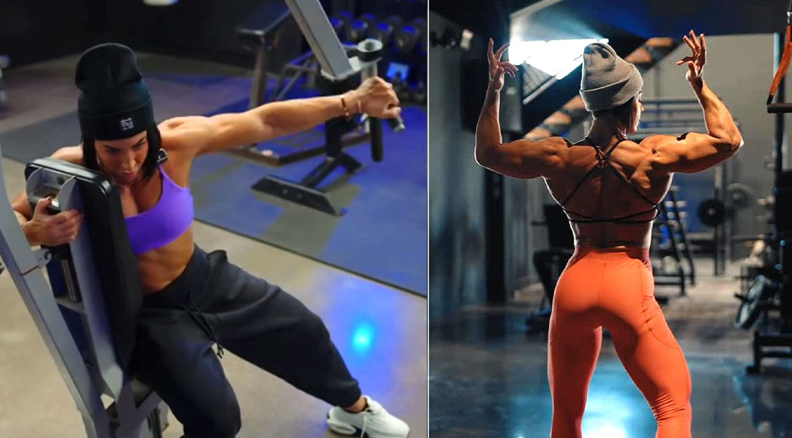 Female bodybuilder Dana Linn Bailey demonstrates how to do the Reverse Fly Hack exercise for strong shoulders